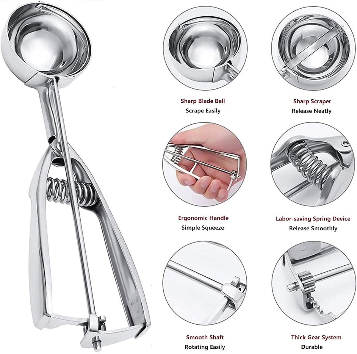 Ice Cream Scoop, 3Pcs Cookie Scoop Set, Stainless Steel Cookie Scoops for Baking Set of 3, Cookie Scooper for Baking, Ice Cream Scooper with Trigger Release, Cookie Dough Scoop