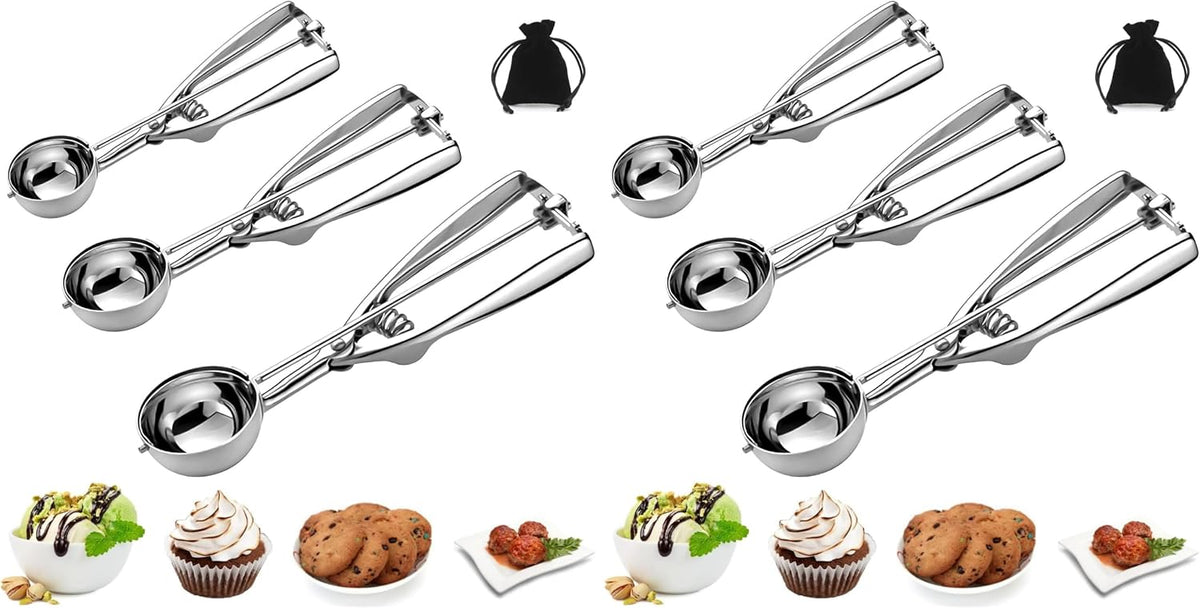 Ice Cream Scoop, 3Pcs Cookie Scoop Set, Stainless Steel Cookie Scoops for Baking Set of 3, Cookie Scooper for Baking, Ice Cream Scooper with Trigger Release, Cookie Dough Scoop