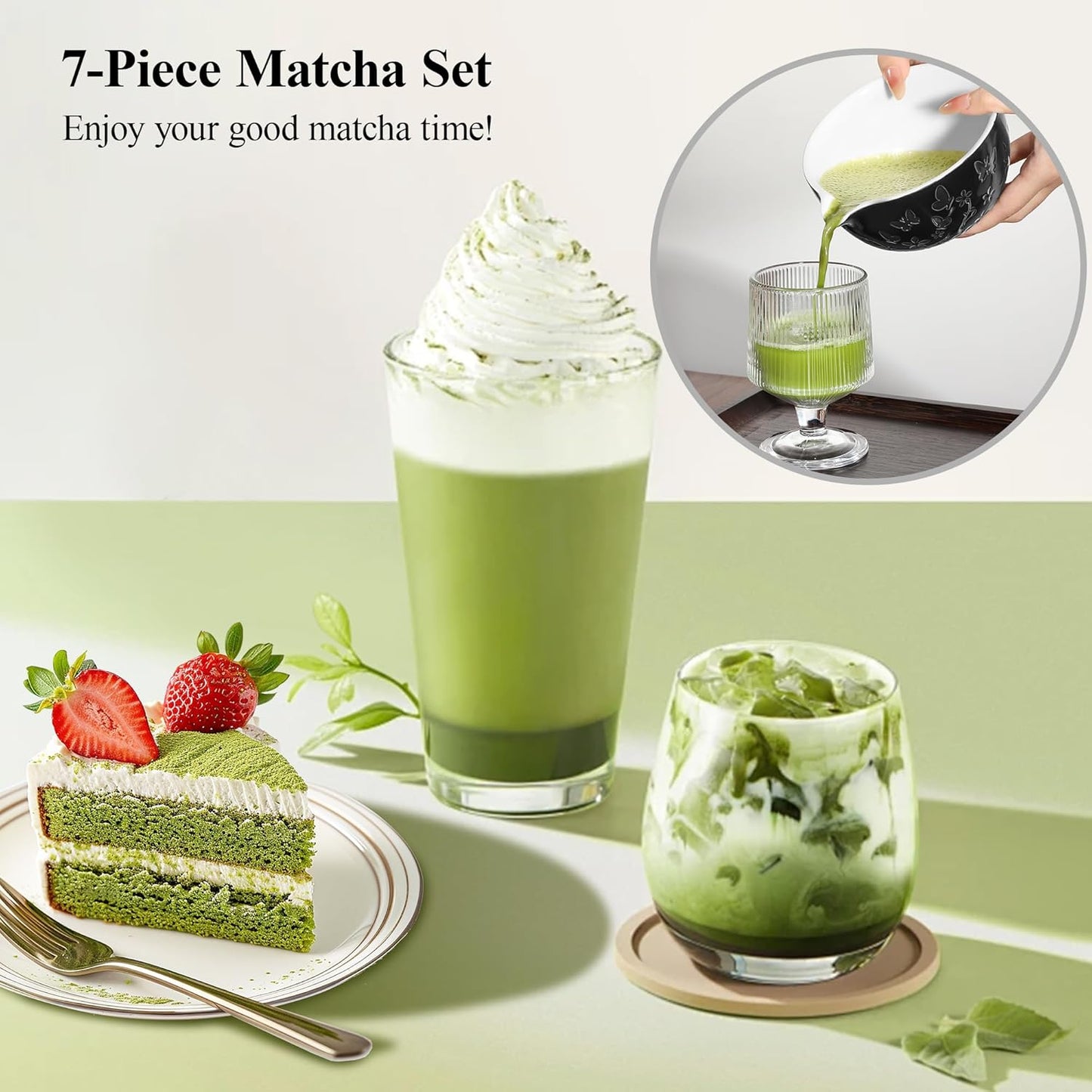 Matcha Whisk 7 PCS Matcha Whisk Set Ceramic Matcha Kit for Ceremony (Matcha Bowl, Bamboo Whisk and Holder), Matcha Tea Set for Making Breakfast/Latte Japanese Tea Tools for Ceremony Gift Black
