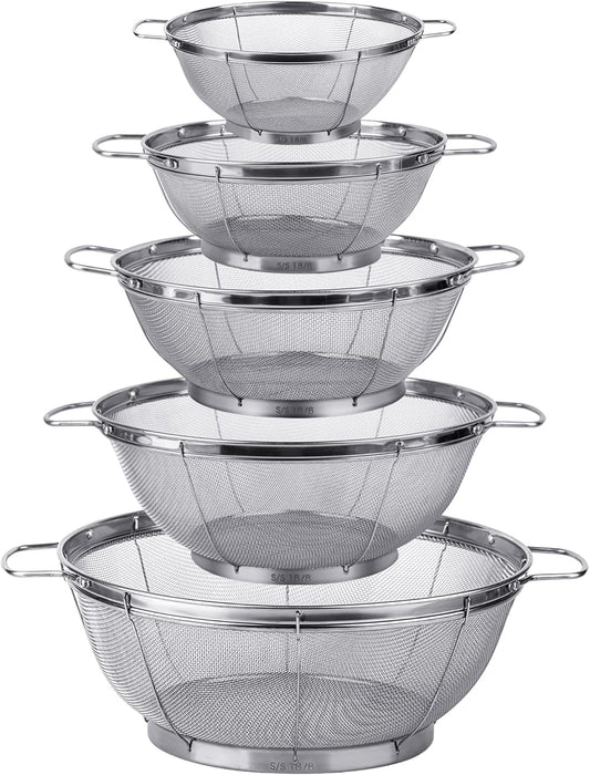 5 Pack 18/8 Stainless Steel Colander Sieves, Multi Size Mesh Strainer Net Baskets with Handles & Resting Base for Strain, Drain, Rinse or Steam