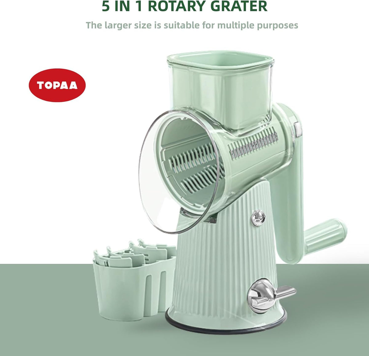 Rotary Cheese Grater with Handle - Vegetable Shredder with 5 Blades & Strong Suction Base, Round Slicer & Food Chopper for Kitchen (Green)