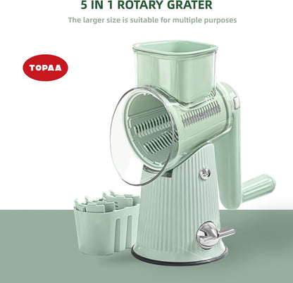 Rotary Cheese Grater with Handle - Vegetable Shredder with 5 Blades & Strong Suction Base, Round Slicer & Food Chopper for Kitchen (Green)