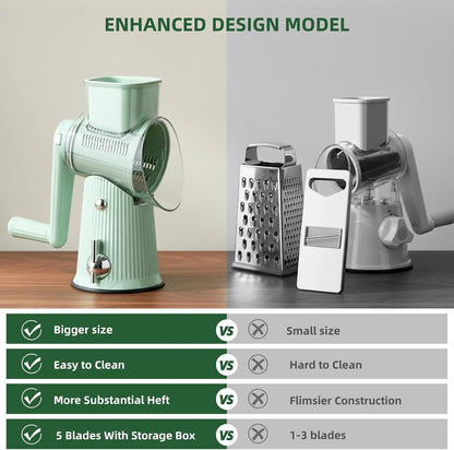Rotary Cheese Grater with Handle - Vegetable Shredder with 5 Blades & Strong Suction Base, Round Slicer & Food Chopper for Kitchen (Green)