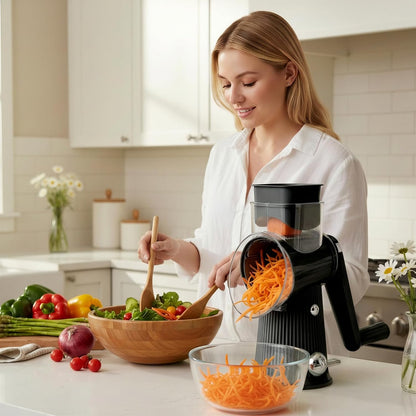 Rotary Cheese Grater with Handle - Vegetable Shredder with 5 Blades & Strong Suction Base, Round Slicer & Food Chopper for Kitchen (Green)