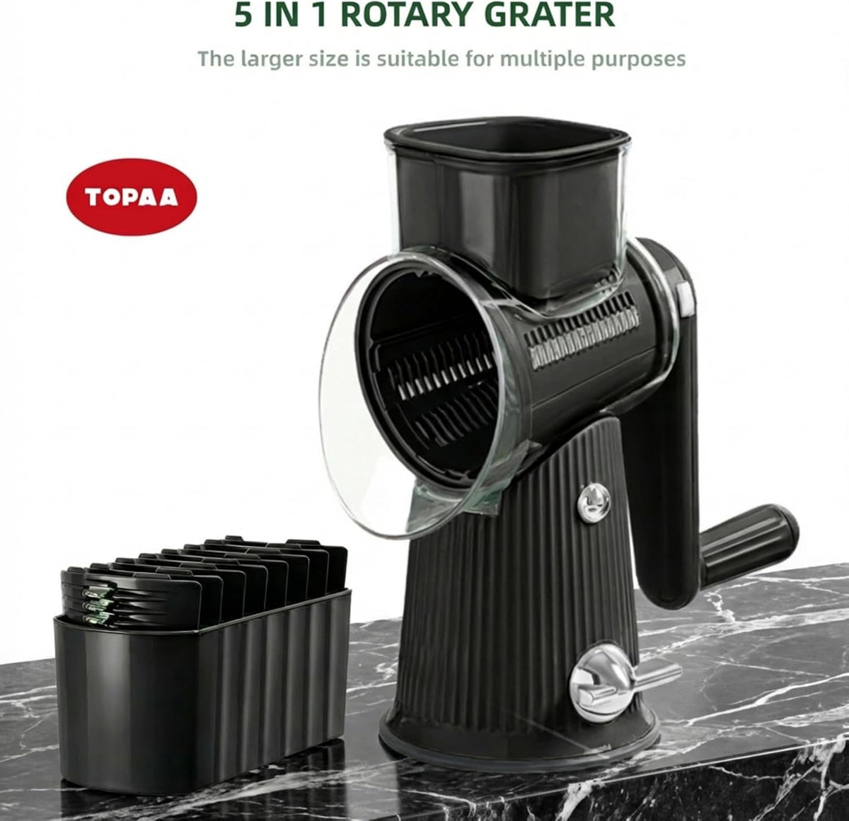 Rotary Cheese Grater with Handle - Vegetable Shredder with 5 Blades & Strong Suction Base, Round Slicer & Food Chopper for Kitchen (Green)