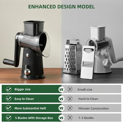 Rotary Cheese Grater with Handle - Vegetable Shredder with 5 Blades & Strong Suction Base, Round Slicer & Food Chopper for Kitchen (Green)