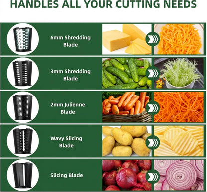 Rotary Cheese Grater with Handle - Vegetable Shredder with 5 Blades & Strong Suction Base, Round Slicer & Food Chopper for Kitchen (Green)
