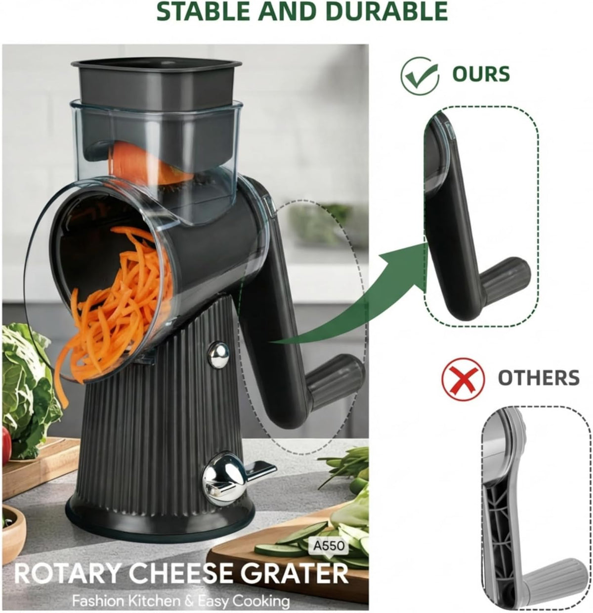Rotary Cheese Grater with Handle - Vegetable Shredder with 5 Blades & Strong Suction Base, Round Slicer & Food Chopper for Kitchen (Green)