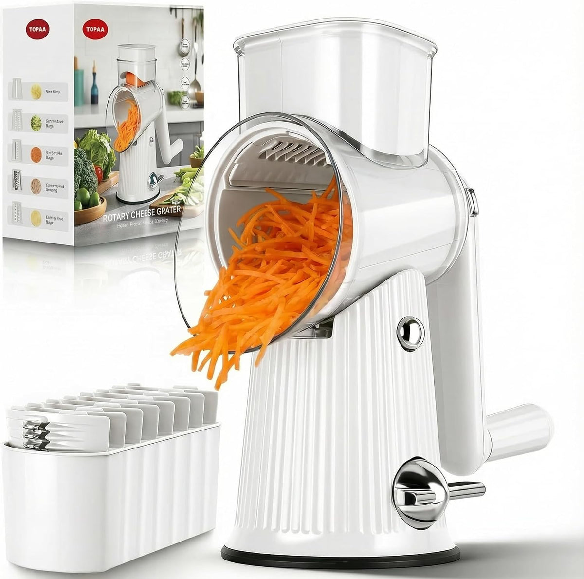 Rotary Cheese Grater with Handle - Vegetable Shredder with 5 Blades & Strong Suction Base, Round Slicer & Food Chopper for Kitchen (Green)