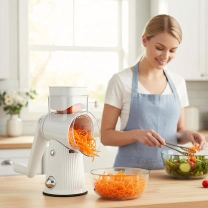 Rotary Cheese Grater with Handle - Vegetable Shredder with 5 Blades & Strong Suction Base, Round Slicer & Food Chopper for Kitchen (Green)