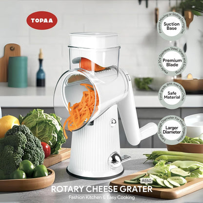 Rotary Cheese Grater with Handle - Vegetable Shredder with 5 Blades & Strong Suction Base, Round Slicer & Food Chopper for Kitchen (Green)