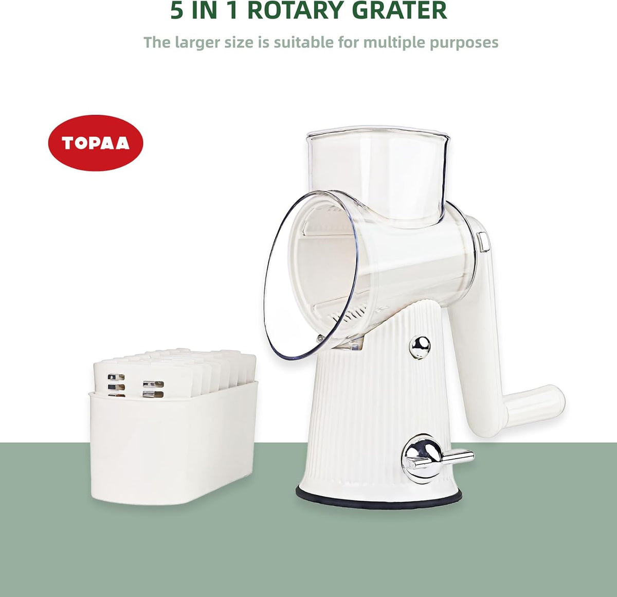 Rotary Cheese Grater with Handle - Vegetable Shredder with 5 Blades & Strong Suction Base, Round Slicer & Food Chopper for Kitchen (Green)