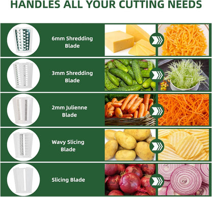 Rotary Cheese Grater with Handle - Vegetable Shredder with 5 Blades & Strong Suction Base, Round Slicer & Food Chopper for Kitchen (Green)