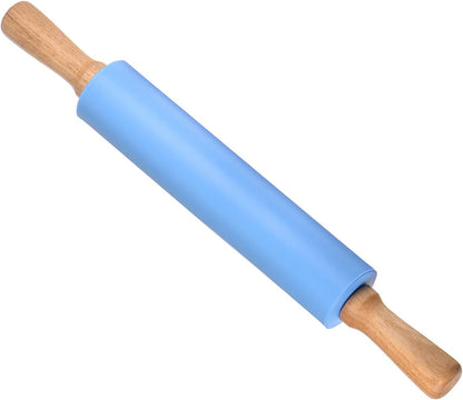 Silicone Rolling Pins, 17" Length, Silicone & Oak Non-Stick Ergonomic Wooden Handle Fondant Dough Roller Dark Green - (Applications: for Baking DIY Projects)