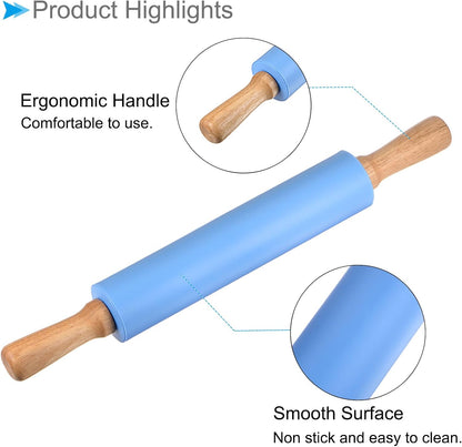 Silicone Rolling Pins, 17" Length, Silicone & Oak Non-Stick Ergonomic Wooden Handle Fondant Dough Roller Dark Green - (Applications: for Baking DIY Projects)