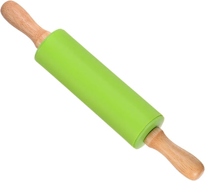 Silicone Rolling Pins, 17" Length, Silicone & Oak Non-Stick Ergonomic Wooden Handle Fondant Dough Roller Dark Green - (Applications: for Baking DIY Projects)