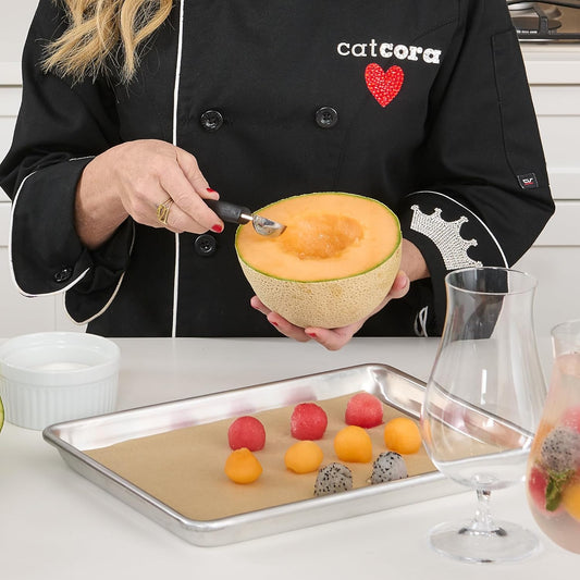 Melon Baller, Professional 18/8 Stainless Steel Dual Blades 22/30-MillimeterFor Melon Balls and Garnishes, Ergonomic Soft-Grip Handle