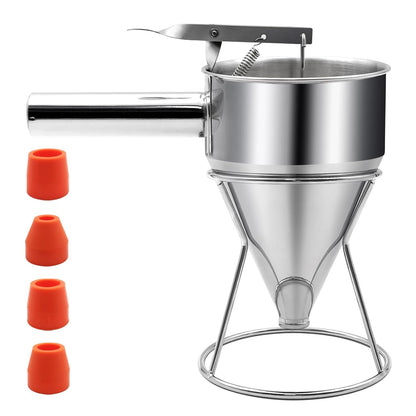 20oz Pancake Batter Dispenser, Stainless Steel Funnel Cake Dispenser with Stand Heavy Duty Baking Tool for Cupcake Waffles Cakes Takoyaki and Kitchen Baking (Small)