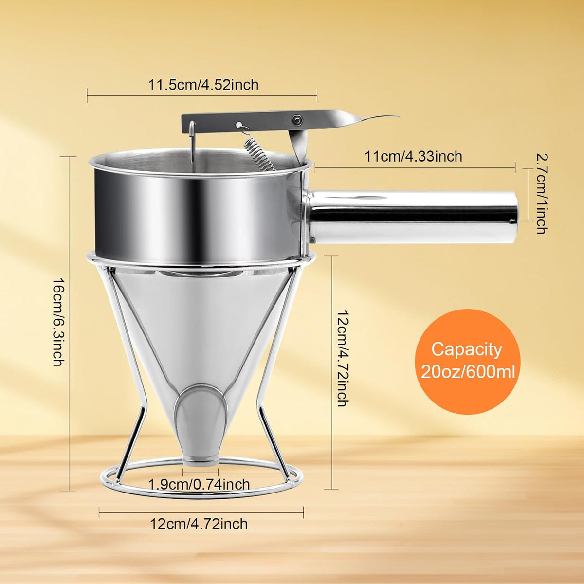 20oz Pancake Batter Dispenser, Stainless Steel Funnel Cake Dispenser with Stand Heavy Duty Baking Tool for Cupcake Waffles Cakes Takoyaki and Kitchen Baking (Small)