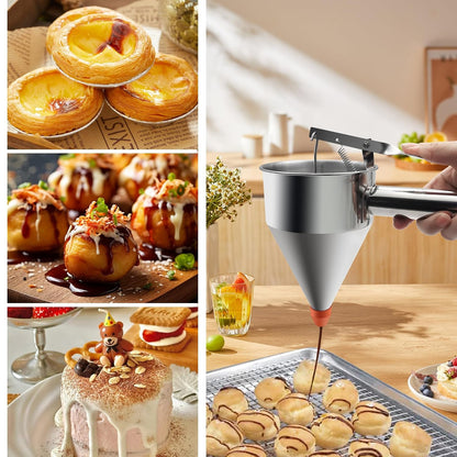 20oz Pancake Batter Dispenser, Stainless Steel Funnel Cake Dispenser with Stand Heavy Duty Baking Tool for Cupcake Waffles Cakes Takoyaki and Kitchen Baking (Small)
