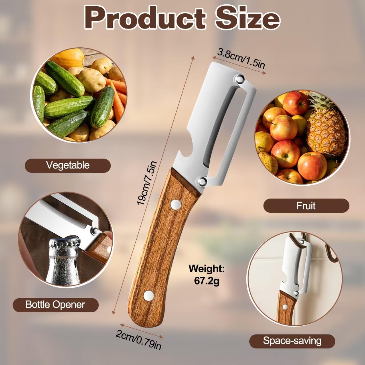 2 Pack Multi-Functional Vegetable Peeler with Ultra-Sharp Stainless Steel Blade, Ergonomic Wooden Handle, Built-in Bottle Opener, Ideal for Fruits, Potatoes, Carrots & More - Essential Gift Set