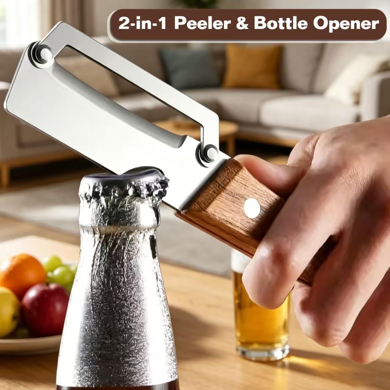 2 Pack Multi-Functional Vegetable Peeler with Ultra-Sharp Stainless Steel Blade, Ergonomic Wooden Handle, Built-in Bottle Opener, Ideal for Fruits, Potatoes, Carrots & More - Essential Gift Set