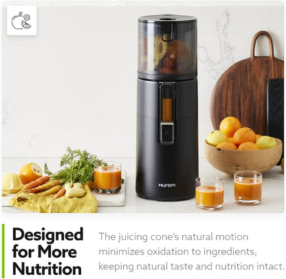 Hurom H400 Renewed Easy Clean Slow Juicer, Matte Black | Hands-Free | Hopper Fits Whole Produce | Quiet Motor | Scrub Free Cleaning | BPA Free | Easy Assembly | Cold Press Masticating Juicer