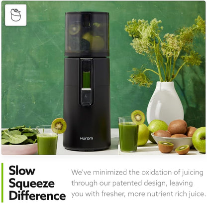 Hurom H400 Renewed Easy Clean Slow Juicer, Matte Black | Hands-Free | Hopper Fits Whole Produce | Quiet Motor | Scrub Free Cleaning | BPA Free | Easy Assembly | Cold Press Masticating Juicer
