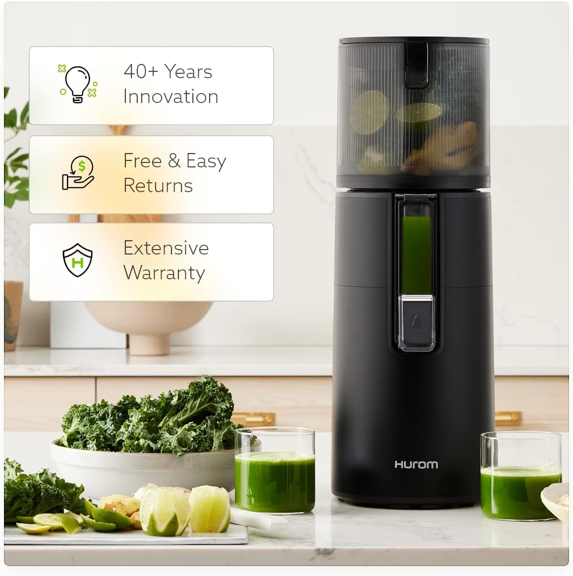 Hurom H400 Renewed Easy Clean Slow Juicer, Matte Black | Hands-Free | Hopper Fits Whole Produce | Quiet Motor | Scrub Free Cleaning | BPA Free | Easy Assembly | Cold Press Masticating Juicer