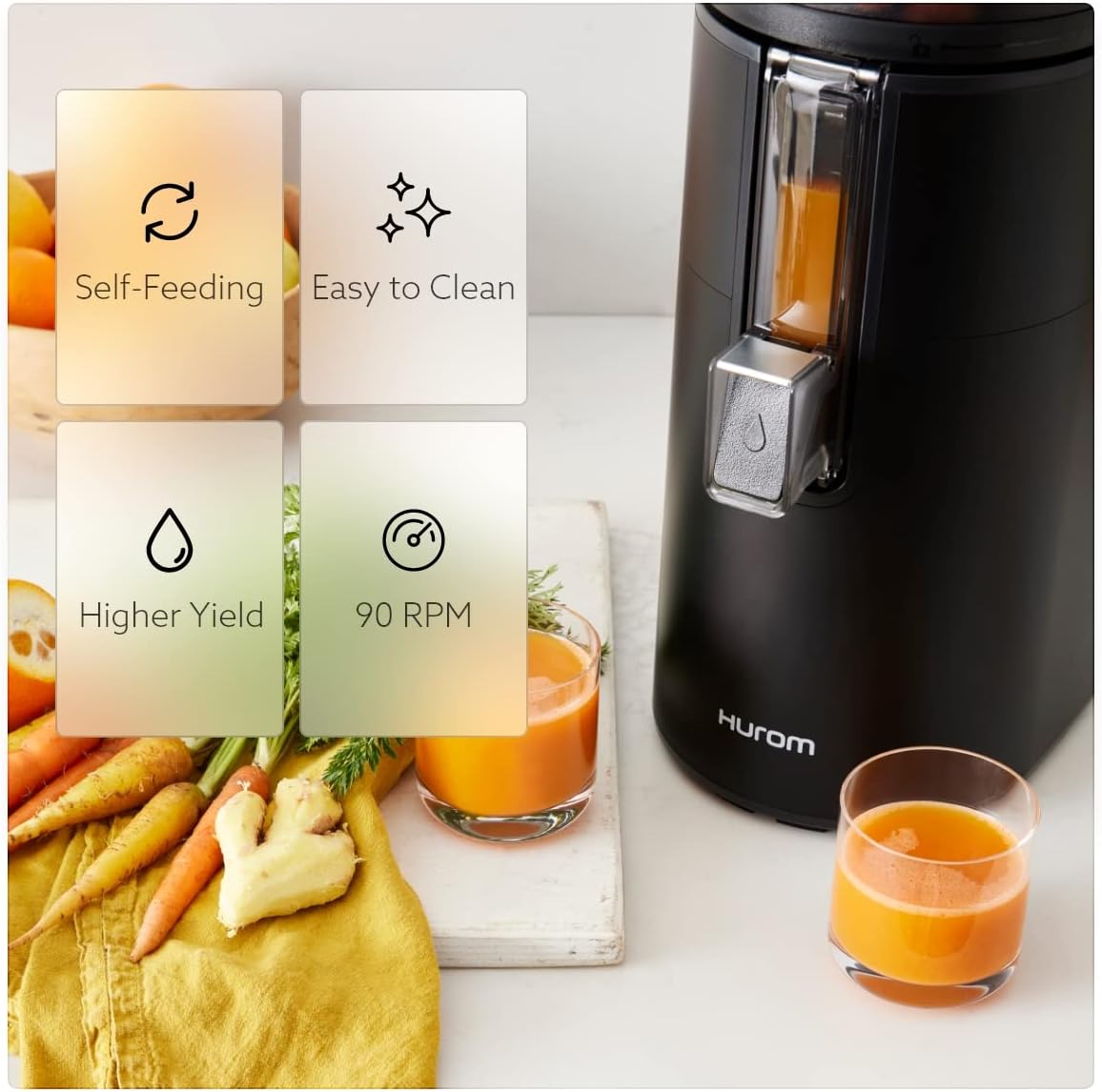 Hurom H400 Renewed Easy Clean Slow Juicer, Matte Black | Hands-Free | Hopper Fits Whole Produce | Quiet Motor | Scrub Free Cleaning | BPA Free | Easy Assembly | Cold Press Masticating Juicer