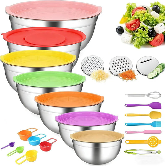 Mixing Bowls with Lids Set(Colorful-7 Sizes) | Stainless Steel,7 Sizes (0.7-4.5QT), with 3 Grater Attachments, Nesting, Dishwasher Safe, for Cooking, Baking and Serving