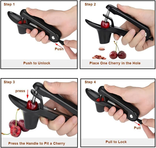 Cherry Pitter Tool, Heavy-Duty Stainless Steel Pitting Tool, Portable Cherries Corer Stoner Seed Tool with Lock Design, Fruit Pit Remover for Cherry Jam(Black)