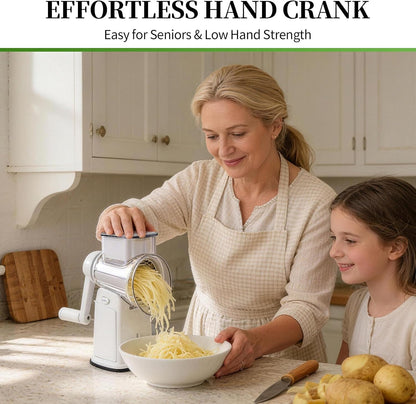 Rotary Cheese Grater Hand Crank - Cheese Shredder with 5 Blades & Storage Room, Easy to Clean, Stable Suction, Labor-Saving Handle, Rotary Grater Slicer for Fruit, Vegetables, Nuts, Chocolate