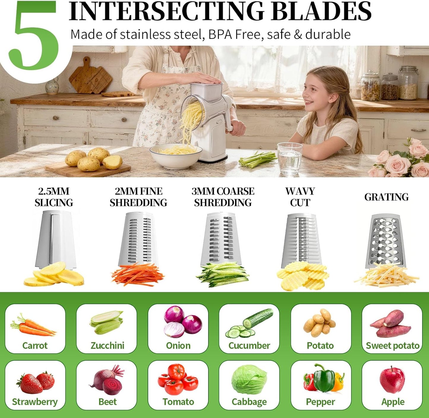 Rotary Cheese Grater Hand Crank - Cheese Shredder with 5 Blades & Storage Room, Easy to Clean, Stable Suction, Labor-Saving Handle, Rotary Grater Slicer for Fruit, Vegetables, Nuts, Chocolate