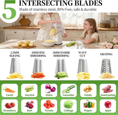 Rotary Cheese Grater Hand Crank - Cheese Shredder with 5 Blades & Storage Room, Easy to Clean, Stable Suction, Labor-Saving Handle, Rotary Grater Slicer for Fruit, Vegetables, Nuts, Chocolate