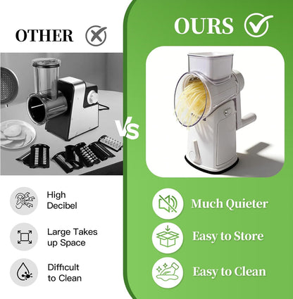 Rotary Cheese Grater Hand Crank - Cheese Shredder with 5 Blades & Storage Room, Easy to Clean, Stable Suction, Labor-Saving Handle, Rotary Grater Slicer for Fruit, Vegetables, Nuts, Chocolate