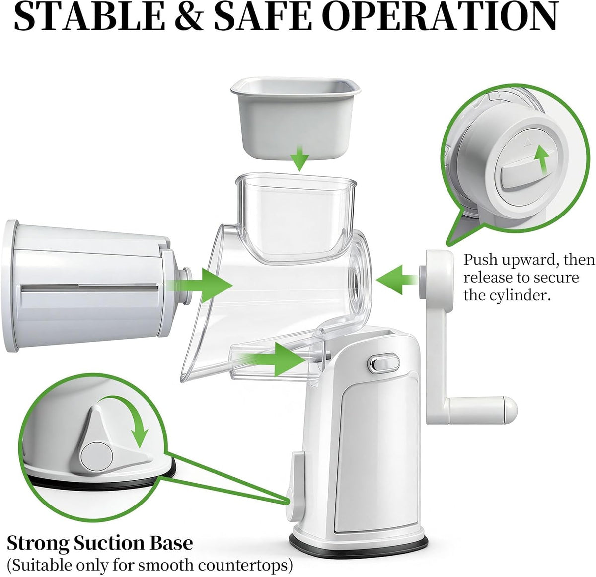 Rotary Cheese Grater Hand Crank - Cheese Shredder with 5 Blades & Storage Room, Easy to Clean, Stable Suction, Labor-Saving Handle, Rotary Grater Slicer for Fruit, Vegetables, Nuts, Chocolate