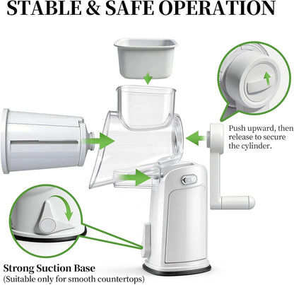 Rotary Cheese Grater Hand Crank - Cheese Shredder with 5 Blades & Storage Room, Easy to Clean, Stable Suction, Labor-Saving Handle, Rotary Grater Slicer for Fruit, Vegetables, Nuts, Chocolate