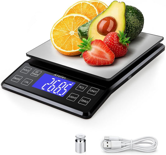 Rechargeable Digital Kitchen Scale, 0.1g Resolution Max 5kg 11Ibs | Food Scale with PCS Counting, Hold, Tare Functions, 6.3"x6.3" Large Stainless Steel Platform, for Cooking, Baking, Meal Prep