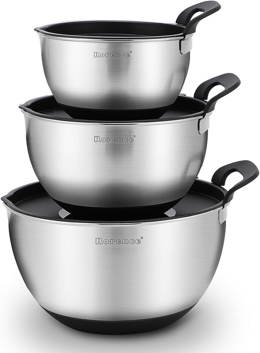 Stainless Steel Mixing Bowls: Stackable Mixing Bowl Set with Lids and Handles Non-slip Silicone Bottom Nesting Bowls for Kitchen Set of 3 - Black