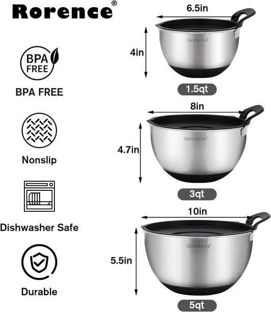 Stainless Steel Mixing Bowls: Stackable Mixing Bowl Set with Lids and Handles Non-slip Silicone Bottom Nesting Bowls for Kitchen Set of 3 - Black