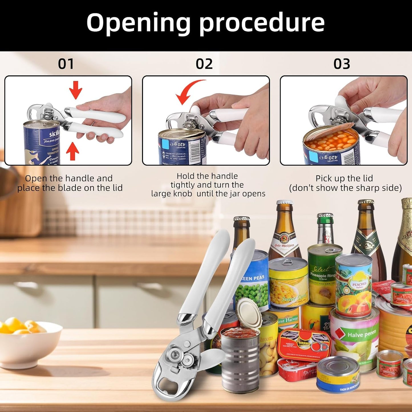 Can Opener Manual Tin Opener Stainless Steel Heavy Duty, Oversized Hand-held Easy Rotary Knob, Safe Cut Manual Can Opener with Non-Slip Handle, Smoother Cut Sharp Blade for Seniors Kitchen Tool, Black