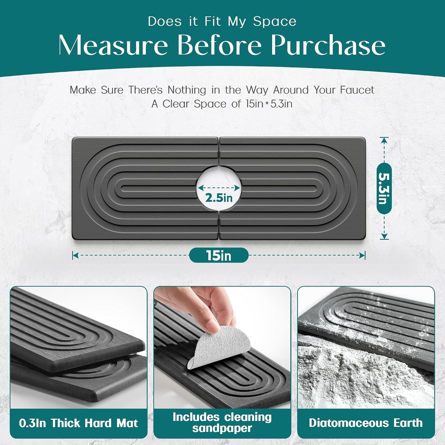 Faucet Mat for Kitchen Sink – Diatomite Stone Drying Mat & Sink Protectors, Prevent Moisture – Sink Splash Guard Water-Absorbing Stone Tray for Bathroom Counter (Light Grey, 23.6" x 3.9")