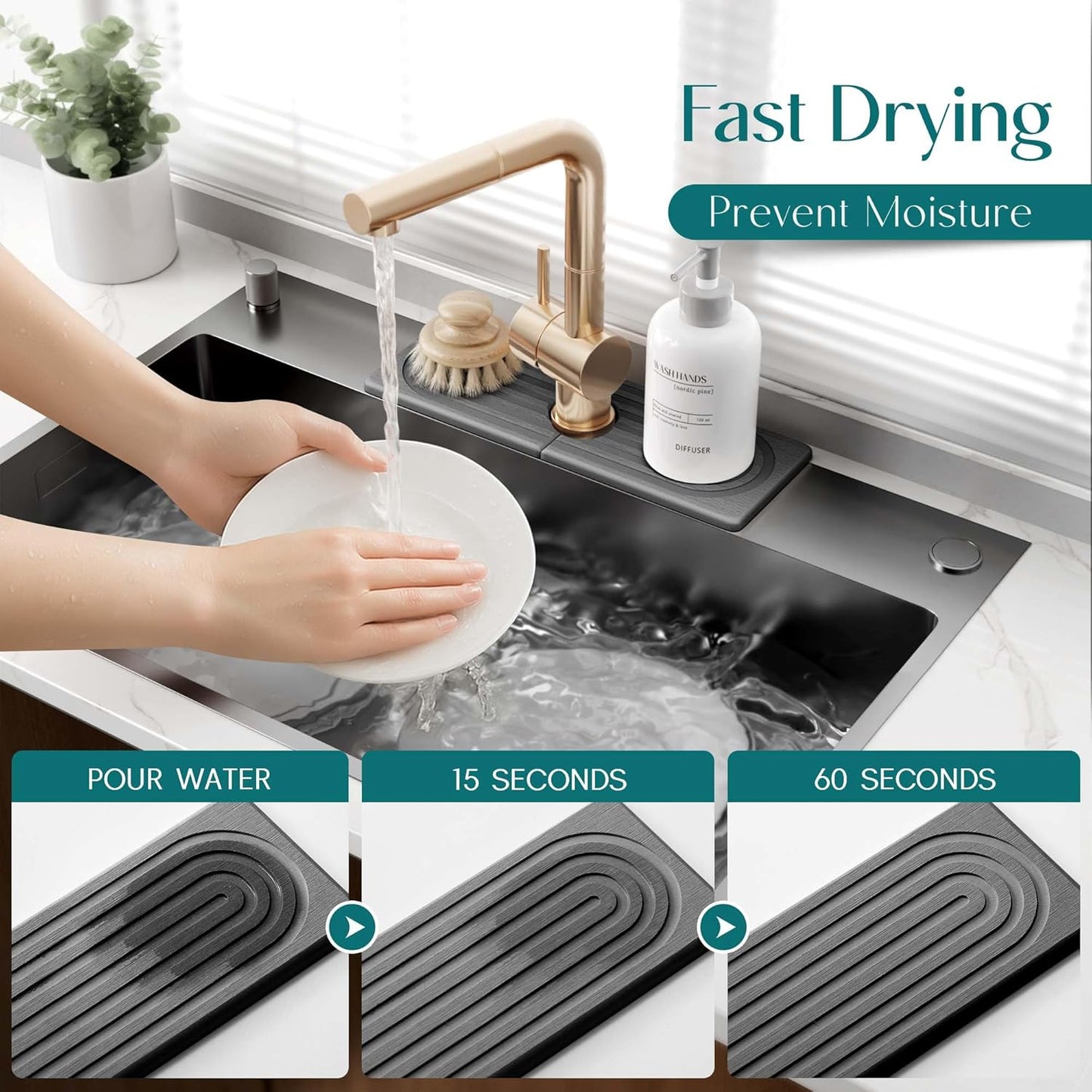 Faucet Mat for Kitchen Sink – Diatomite Stone Drying Mat & Sink Protectors, Prevent Moisture – Sink Splash Guard Water-Absorbing Stone Tray for Bathroom Counter (Light Grey, 23.6" x 3.9")