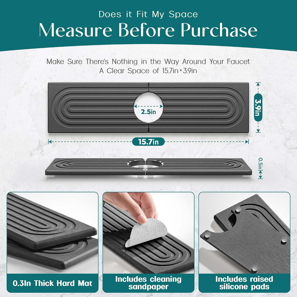 Faucet Mat for Kitchen Sink – Diatomite Stone Drying Mat & Sink Protectors, Prevent Moisture – Sink Splash Guard Water-Absorbing Stone Tray for Bathroom Counter (Light Grey, 23.6" x 3.9")