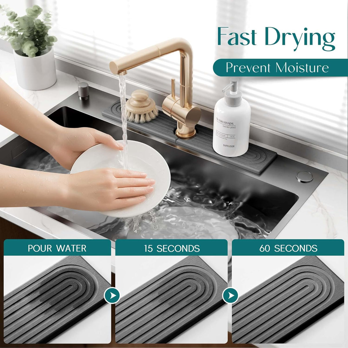 Faucet Mat for Kitchen Sink – Diatomite Stone Drying Mat & Sink Protectors, Prevent Moisture – Sink Splash Guard Water-Absorbing Stone Tray for Bathroom Counter (Light Grey, 23.6" x 3.9")