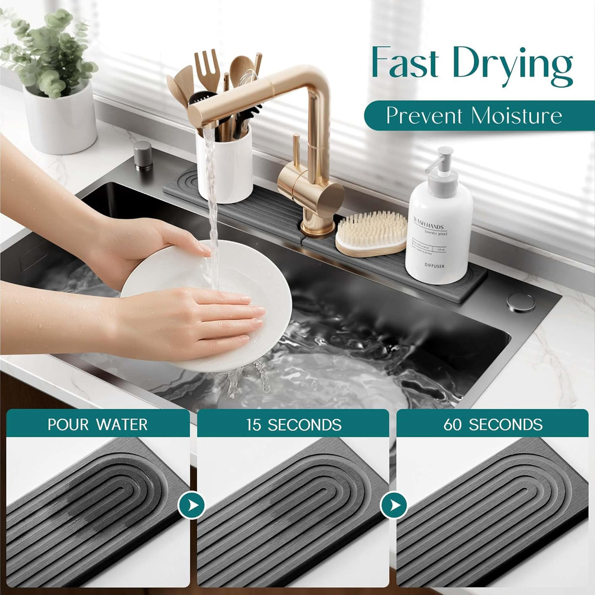 Faucet Mat for Kitchen Sink – Diatomite Stone Drying Mat & Sink Protectors, Prevent Moisture – Sink Splash Guard Water-Absorbing Stone Tray for Bathroom Counter (Light Grey, 23.6" x 3.9")