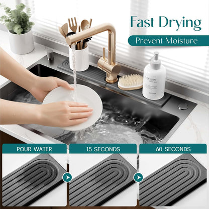Faucet Mat for Kitchen Sink – Diatomite Stone Drying Mat & Sink Protectors, Prevent Moisture – Sink Splash Guard Water-Absorbing Stone Tray for Bathroom Counter (Light Grey, 23.6" x 3.9")
