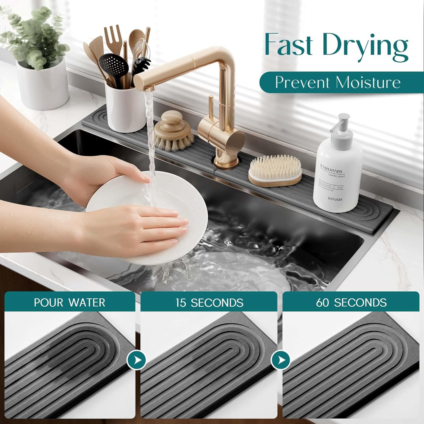 Faucet Mat for Kitchen Sink – Diatomite Stone Drying Mat & Sink Protectors, Prevent Moisture – Sink Splash Guard Water-Absorbing Stone Tray for Bathroom Counter (Light Grey, 23.6" x 3.9")
