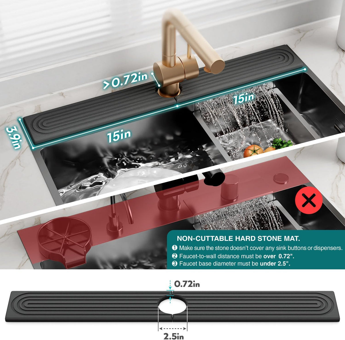 Faucet Mat for Kitchen Sink – Diatomite Stone Drying Mat & Sink Protectors, Prevent Moisture – Sink Splash Guard Water-Absorbing Stone Tray for Bathroom Counter (Light Grey, 23.6" x 3.9")